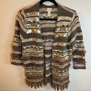 Chico’s cardigan sweater Sz 1 Med 8 Tan faux fur Sequins Stripe 3/4 sleeve Open